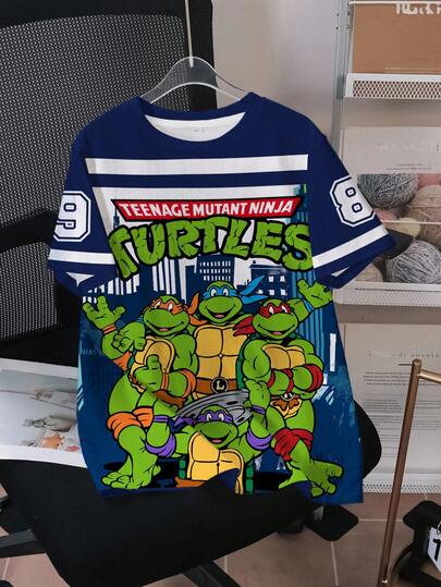 TEENAGE MUTANT NINJA TURTLES | SHEIN Camiseta de manga corta con cuello redondo y estampado de rayas y dibujos animados para niño preadolescente