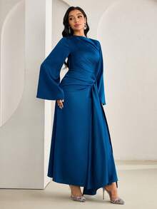 Veilorie Women's Elegant Party Solid Color Flare Sleeve Tie-Up Arabic Style Dress - Teal Blue - View 6