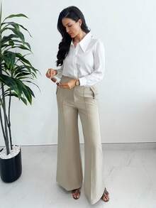 MDEdit Chemise décontractée pour femmes de couleur unie avec col rabattu et boutons devant, printemps/été - Blanc - Voir 6