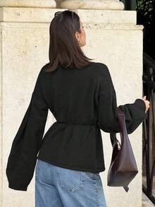 Siren Gaze 秋冬新款纯色宽松系带针织开衫 - 黑色 - 查看 2