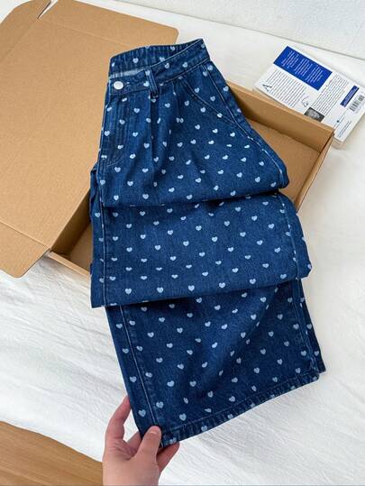Comfortcana Women's Casual Commuting Heart Print Fold Pleated Loose Wide-Leg Jeans Polka Dot Jeans New Year Clothes Casual Women Outfits  Casual Jeans For Women Women's Heart Print Denim Jeans Cute Casual High Waisted Jean Shorts With Pockets Fun Aesthetic Style