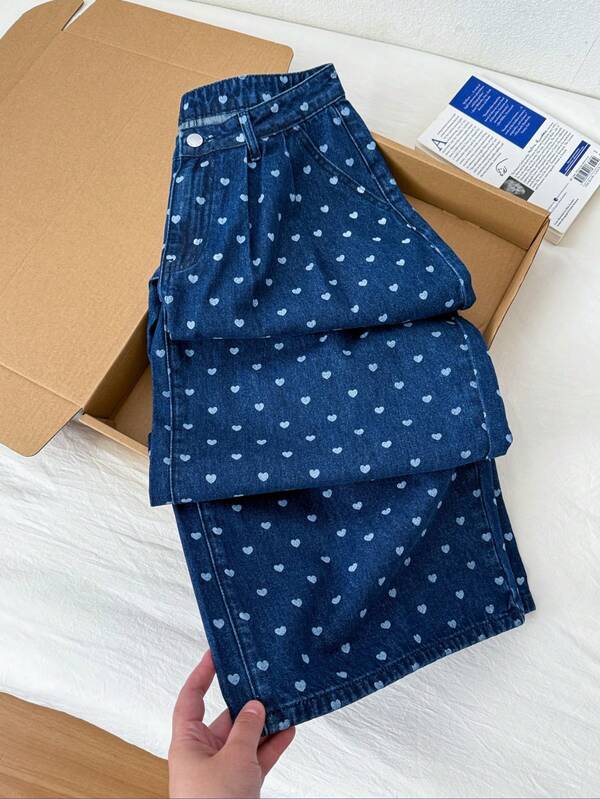 Comfortcana Jeans anchos de pierna ancha con pliegues plegados y estampado de corazón, de uso casual y para ir al trabajo