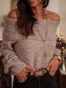 EMERY ROSE 度假、春季、女士度假装、春季女士露肩长袖毛衣上衣 - 灰色 - 查看 4