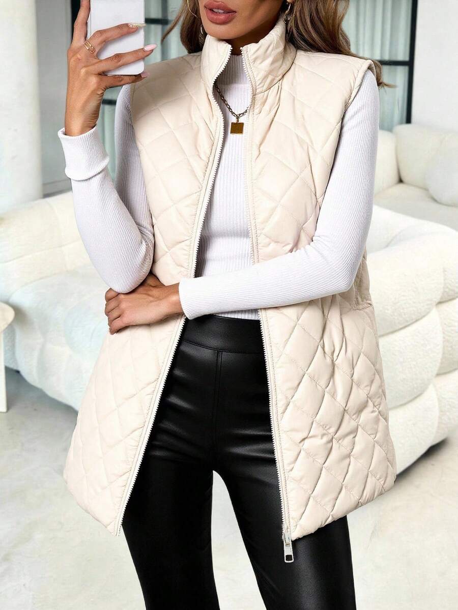 SHEIN Clasi Solid Quilted Vest Coat For Autumn & Winter - Apricot - View 1
