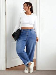 Lounesse 大码女式口袋锥形休闲宽松牛仔裤，大码牛仔裤，曲线锥形牛仔裤，大码卷边牛仔裤，松紧腰牛仔裤，大码休闲牛仔裤，大码妈妈牛仔裤，曲线宽松版型牛仔裤 - 藍色 - 查看 6