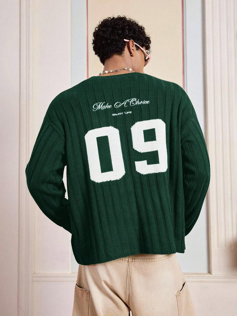 SWAVVY Suéter de cuello redondo casual de manga larga con estampado de letras para hombre, color verde - Verde Oscuro - Ver 1