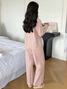 2件套少女极简韩版贴布图案小熊装饰翻领贴布长袖睡衣套装格子睡衣套装纽扣睡衣套装粉色格子睡衣小熊刺绣睡衣女式睡衣套装 - 淺粉色 - 查看 2