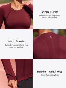 GLOWMODE Seamless Slimfit Long Sleeve Top Hip Length Antibacterial Lightweight Summer - Burgundy - View 7