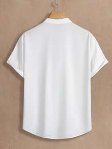 HIMLAND Men's Casual Solid Color Basic Button-Down Short Sleeve Shirt Men's Vacation Casual Style, INS Matched With A Knitted  Geometric Striped Crochet Textured Jacquard Loose Short-Sleeve Shirt. Featuring A Button Placket, This Shirt Embodies French Elegance And Romance, Making It Perfect For Hawaiian Beach Vacations, As Well As Music Festivals And Everyday Wear. It Also Serves As An Ideal Gift For Boyfriends Or Husbands. Men's Striped Short Sleeve Single-Breasted Casual Commuter Shirt, Cool Shirts For Men, Nice Shirts For Men, Men's Fashion Shirts - White - View 2