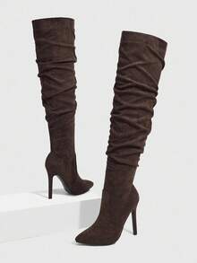 Daringsoles 女式绒面细高跟靴，深棕色，性感派对、舞蹈、宽松腿、褶皱、过膝，秋冬款 - 咖啡棕 - 查看 7