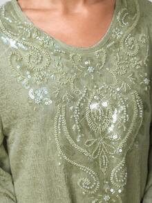 Al Najma Elegant Turkish Long Tunic Dress For Women, Round Neck, Beaded Embellishment, A-Line, Long Sleeve Kaftan Jalabiya Dress - Green - View 3