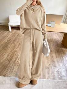 CovetEZ Women's Casual Everyday Commute Simple Solid Color Raglan Sleeve Loose Knit Sweater And Drawstring Waist Wide Leg Knit Pants Set, Autumn/Winter - Apricot - View 4