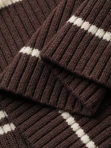 DAZY Women's Casual Contrast Striped V-Neck Sweater, Autumn - Coffee Brown - View 7