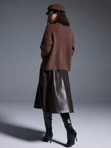 MYSTAURA Sweater Rajut Longgar Wanita Kasual Sehari-hari, Warna Polos Sederhana, Bahu Jatuh, Model Kabel, Musim Gugur/Dingin - Coklat - View 3