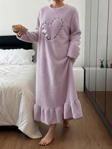 Dream Adore 心形雏菊刺绣毛绒荷叶边休闲女士睡袍，哞哞睡裙 - 紫色 - 查看 2