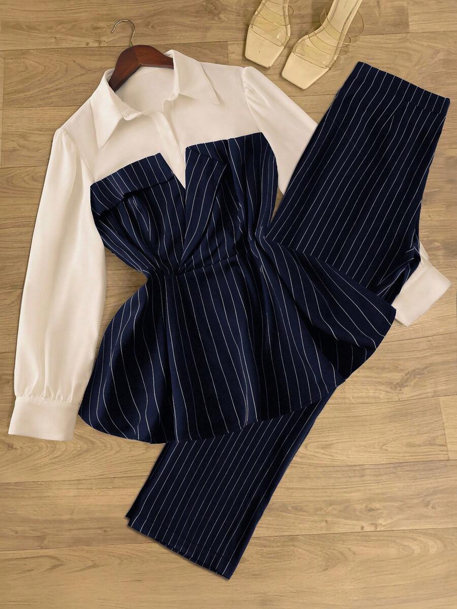 SHEIN Clasi Setelan Elegan 2 Potong Atasan Lengan Panjang dan Celana Panjang Motif Garis-Garis Warna Kontras Ukuran Plus - Navy Blue - View 1