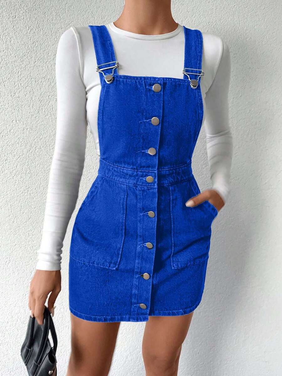 Women's Solid Color Front Button Fashionable Denim Jumpsuit Dress - Royal Blue - View 1