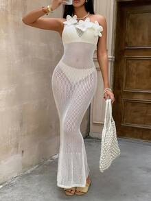 Bonvoyette Women's Floral Halter Crochet Elegant High-Fashion Influencer Dress, Suitable For Vacation, Beach, Party - Beige - View 2