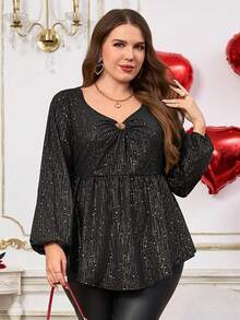 EMERY ROSE Große Größen Damen Valentinstag Gold Folie Allover-Muster Schlüsselloch-Ausschnitt Laternärmel Babydoll Top, geeignet für Frühling und Herbst, Ausgehen, 2025 Neu, einfach und modisch für den Alltag, Große Größen Winter, bequem und atmungsaktiv, Weihnachten für Damen, Neujahr, geeignet für verschiedene Anlässe, Weihnachten, Dates für Damen, Nachtparty, elegante Party, Dates für Damen, Thanksgiving für Damen, geeignet für den Valentinstag - Schwarz - Übersicht 5