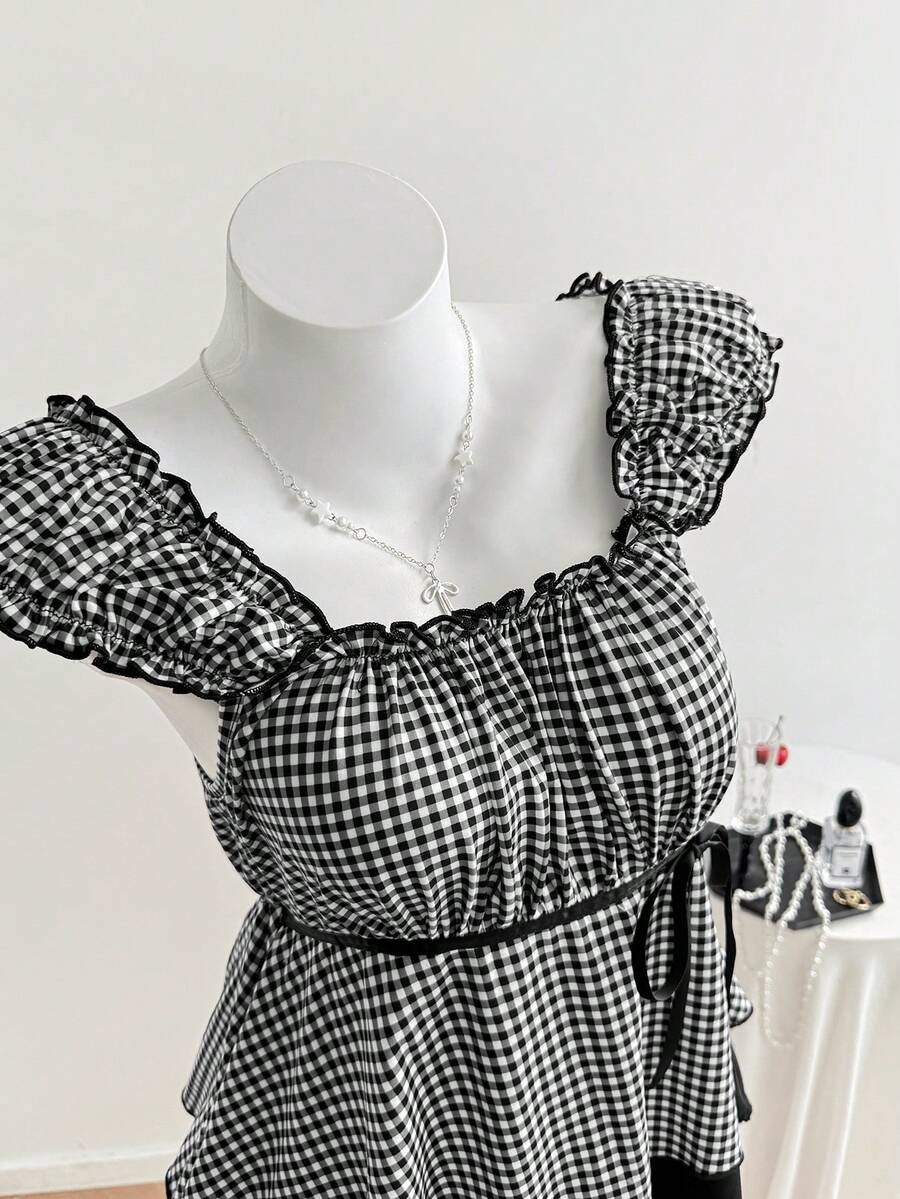 Comfortcana 女士格子印花方领休闲时尚T恤 新年款 - 黑與白 - 查看 1