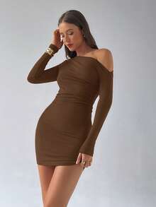 Aloruh Women's Solid Color Christmas Party Mesh Bodycon Mini Red Dress - Coffee Brown - View 4