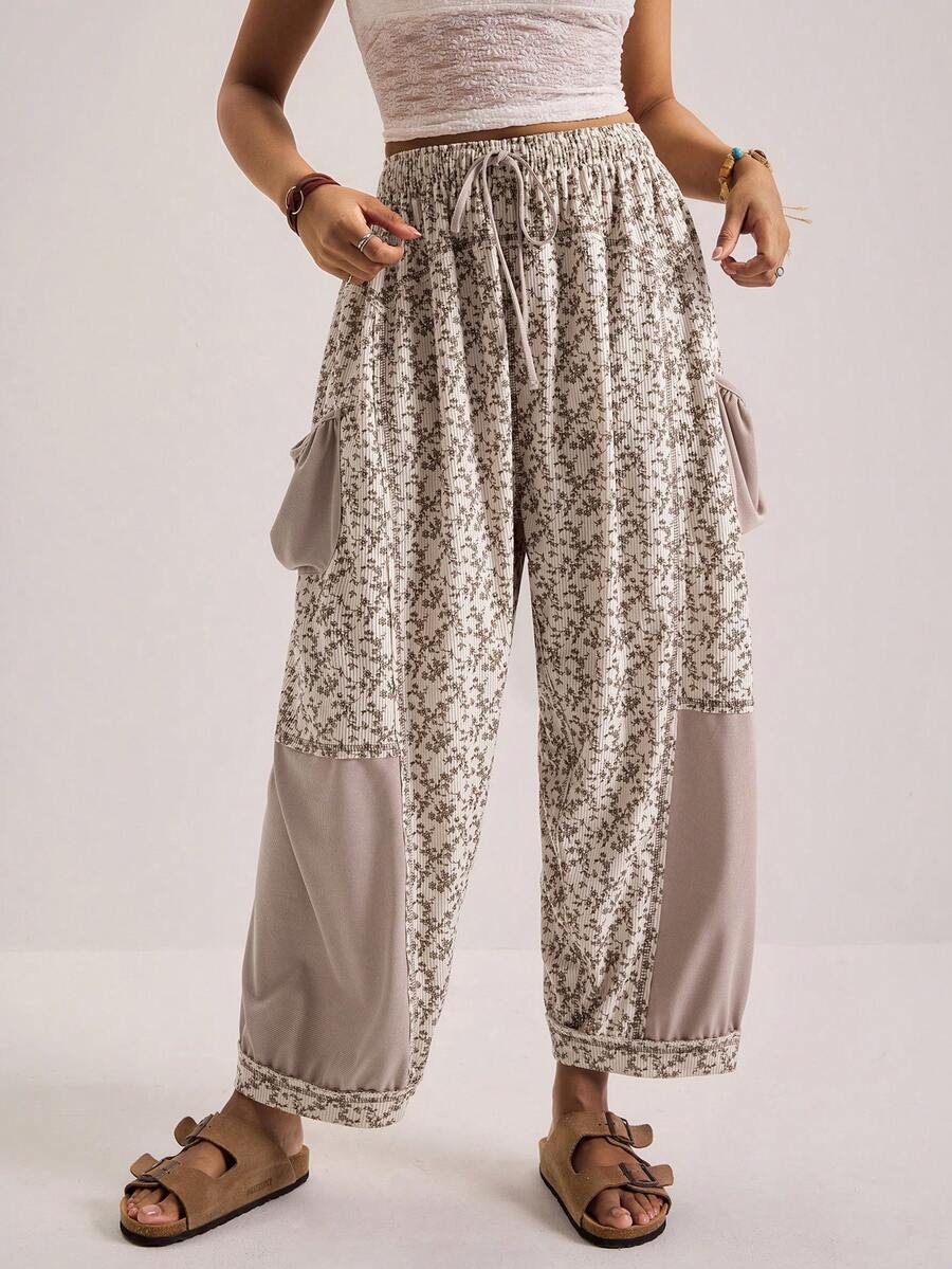 Freevana 大码女式花卉拼接宽松长裤，四季皆宜 - 卡其色 - 查看 1