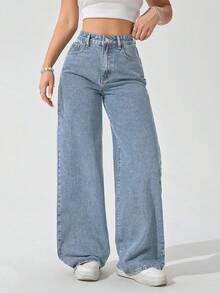 SHEIN ICON Jeans rectos de talle alto con lavado vintage para mujer de talla grande - Lavado ligero - Ver 1