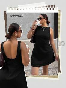 Dripcurv Vestido vaquero casual sin mangas y sin espalda de color azul marino para mujer de talla grande, estilo vintage, atuendo sencillo para vacaciones/Año Nuevo, ropa para Navidad. - Negro 2 - Ver 7