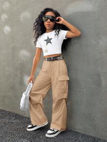 Coolane Kids 少女黑色裤子 返校季服装 母女装 韩流 Y2K 阔腿格子工装裤 足球/排球 感恩节 万圣节 圣诞节 运动裤 春/秋/冬 - 卡其色 - 查看 5