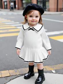 Souflis Souflis Baby Girl White Collared Black Striped Ruffle Hem Dress - White - View 1