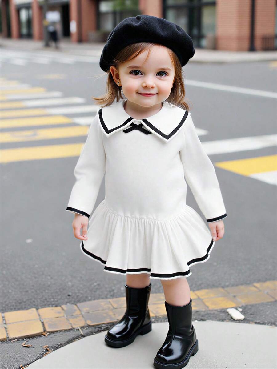 Souflis Souflis Baby Girl White Collared Black Striped Ruffle Hem Dress - White - View 1