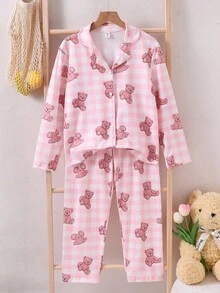 2pcs/Set Girls Sweet Pink Plaid Bear Print Long Sleeve Cardigan Top And Pants Homewear Set,Cute Winter Sleep Pajama Sets For Girls - Pink - View 3