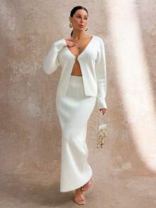 EURMUSE 2 Pieces Fine Knit Set With Deep V-Neck Cardigan And High Waist Midi Skirt For Minimal Chic Style - White - View 6