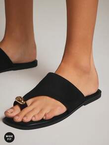 SHUZIA 女士宽楦户外平底凉鞋趾环套脚露趾拖鞋 - 黑色 - 查看 6