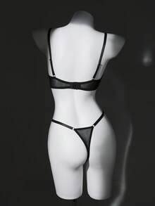 Set de 2 piezas de lencería con sujetador con aros de encaje y contraste de malla y pantis para mujer - Negro - Ver 2