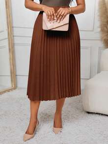 SHEIN Lady White Pleated A-Line Skirt, Versatile For Work And Occasions - Brown - View 6