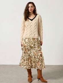 MYSTAURA Women's V-Neck Contrast Trim Elegant Fashion Long Sleeve Pullover Sweater, Autumn/Winter - Apricot - View 2