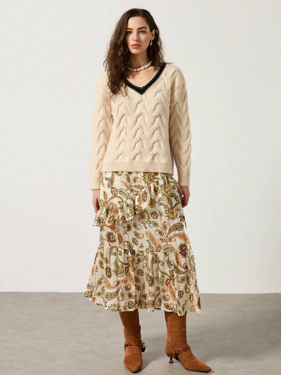 MYSTAURA Women's V-Neck Contrast Trim Elegant Fashion Long Sleeve Pullover Sweater, Autumn/Winter - Apricot - View 1