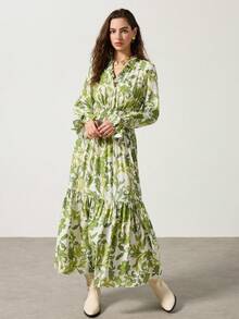 Cévolie 女士优雅印花绿色A字褶皱摆裙 - 綠色 - 查看 1