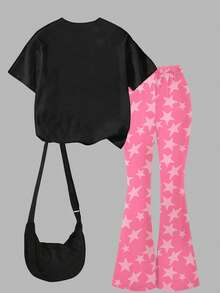1 Set Tween Mädchen Lässig 67 Muster Schwarzes Kurzarm Rundhals T-Shirt und Rosa Weite Hose mit Sternenmuster, modisches Outfit für Frühling/Sommer - Schwarz - Übersicht 2