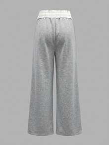 SHEIN Tween Girls Light Grey Plain Polyester Long Sweatpants Everyday Casual Comfort With Drawstring - Light Grey - View 3