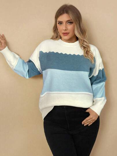 EMERY ROSE Plus Size Women's Casual Home Daily Oatmeal Green Khaki Spliced Drop Shoulder Inner Comfortable Warm Autumn Winter Pullover Sweaterbusiness Casual Woman,Holiday Outfits,Country Tops