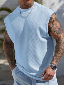Manfinity CasualCool 男士休闲纯色罗纹背心，夏季日常穿着浅蓝色上衣，男士无袖T恤，露肩短袖T恤，男士婴儿蓝上衣，男士无袖套装 - 淺藍色 - 查看 3