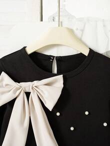 1pc Girls Young Girl Autumn New 2025 Black Round Neck Asymmetric Hem Splice Apricot Front Beaded Bow Detachable Elegant Princess Dress