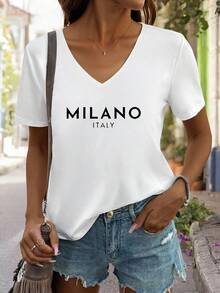 Simple Black Letter Print V-Neck Short Sleeve Casual T-Shirt For Women