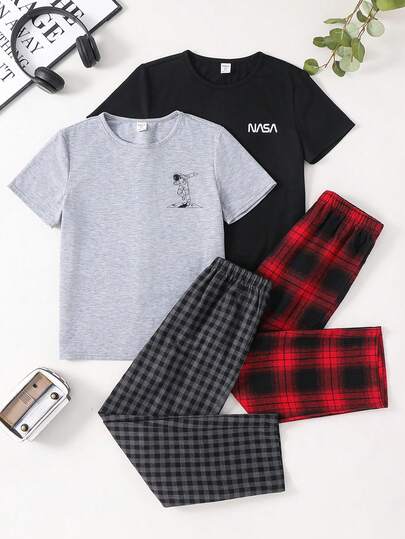 SHEIN 4件套儿童/青少年男童休闲日常舒适印花圆领宽松套头短袖针织上衣和格子直筒裤睡衣两件套