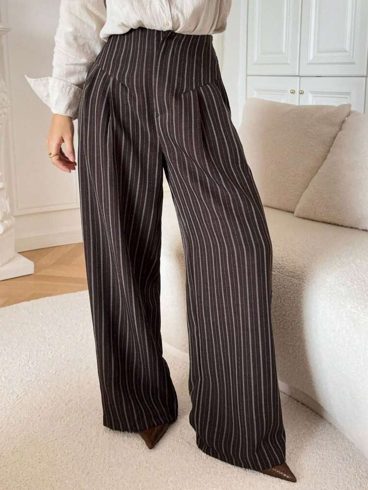 Women's Casual Striped High Waist Loose Wide Leg Pants, Suitable For Work And Commute