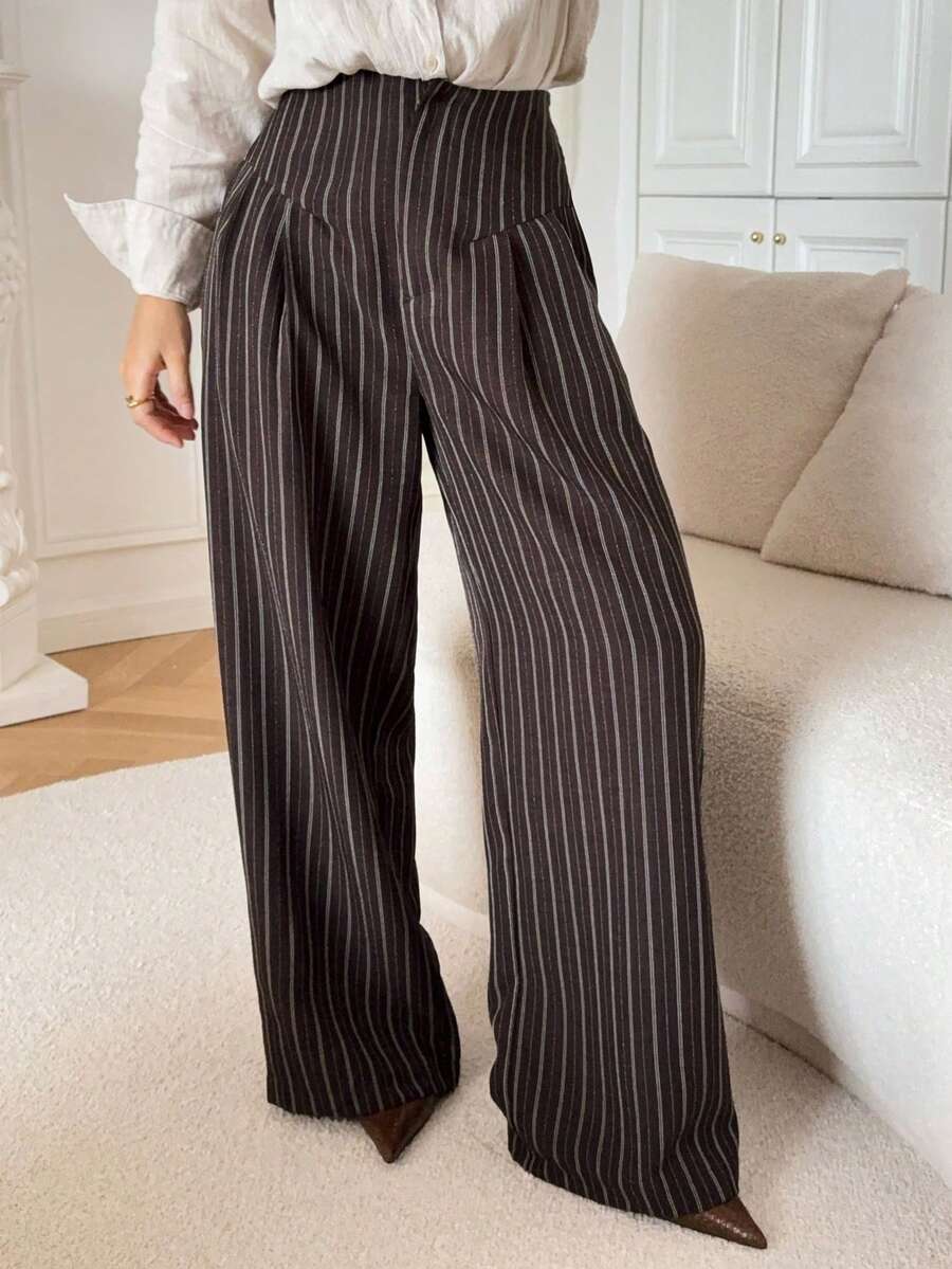 DAZY Damen Lässig gestreifte Hose mit hoher Taille und weitem Bein, geeignet für Arbeit und Pendeln