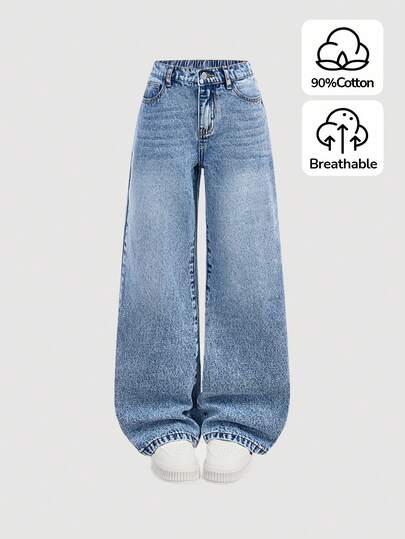 SHEIN Tween Girls' Y2K Retro Washed High Waist Cat Whisker Washed Baggy Staight Leg Jeans,Tween Girls Fall Winter Clothes Back To School Streetwear Outfits