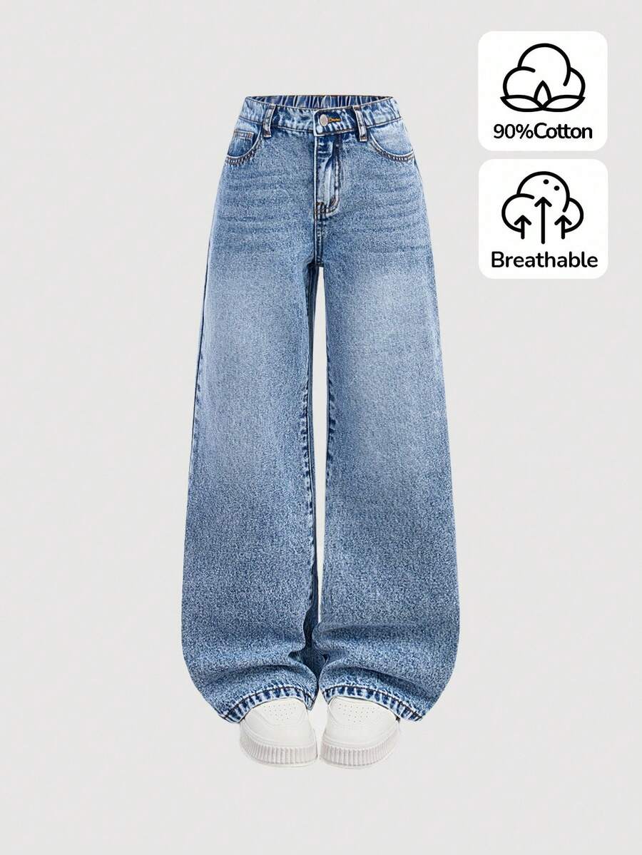 SHEIN Tween 女童 Y2K 时尚复古水洗高腰猫须水洗宽松直筒牛仔裤，Tween 女童秋冬装返校街头服饰 - 淺色水洗藍 - 查看 1